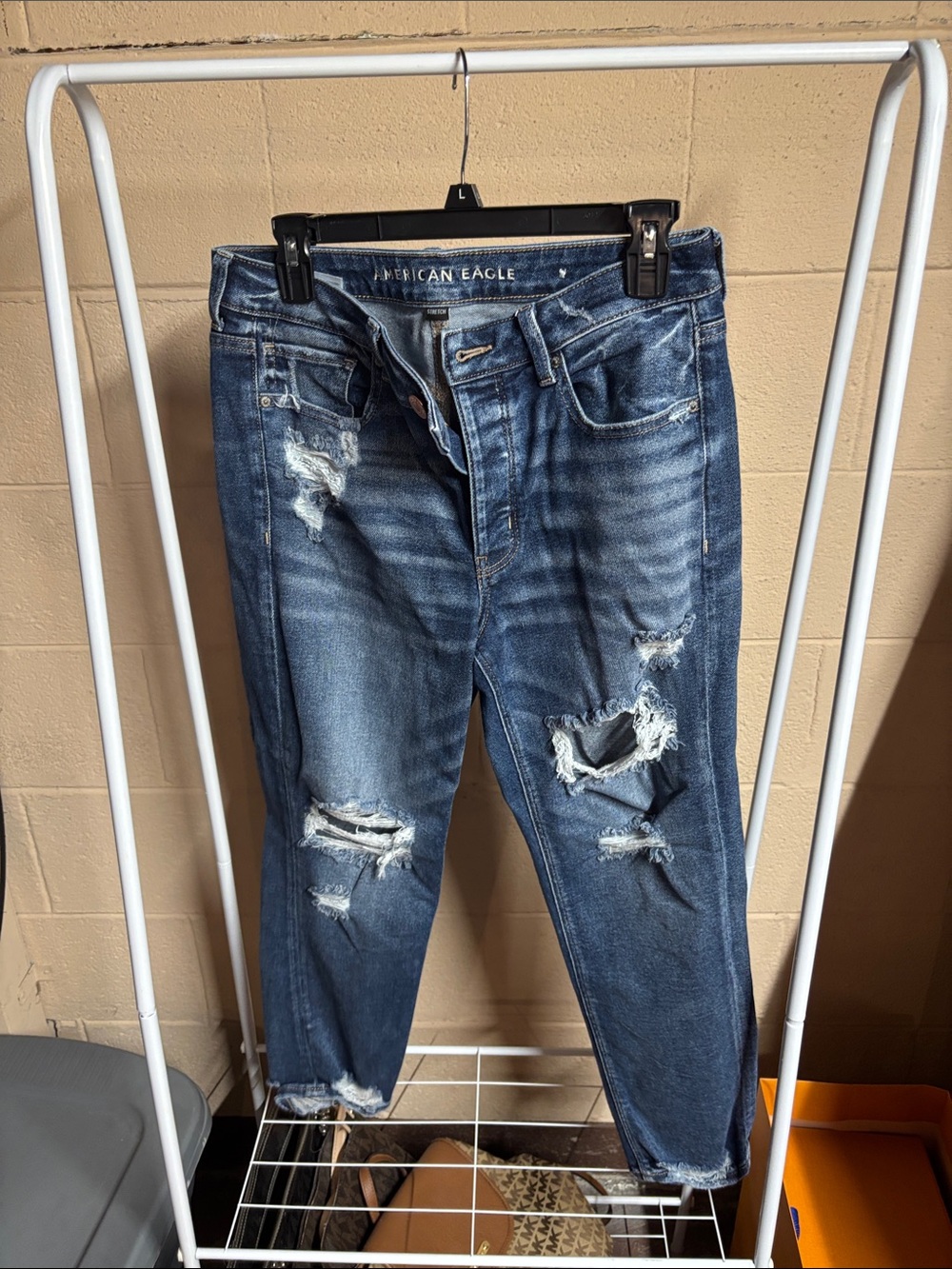 American Eagle Outfitters Dark Blue Distressed Straight Leg Jeans